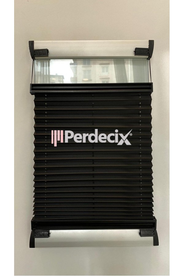 Perdecix Akordiyon Cam Balkon Plise Perde,Ofis,Plastik Kapı,Alüminyum Doğrama perdesi, Vidalı Sistem Siyah Kumaş, Siyah Profil